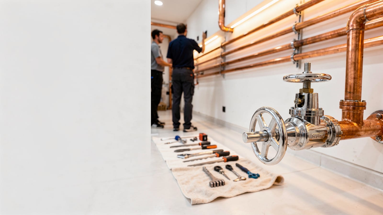Clean, professional plumbing work — copper lines and tools laid out with care